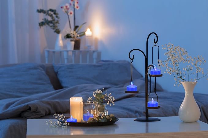 KOABY 24 Pack Blue Light Non-Flickering Flameless Tea Lights, Blue Base, Last 100H+, Battery Operated Tea Lights for Decor