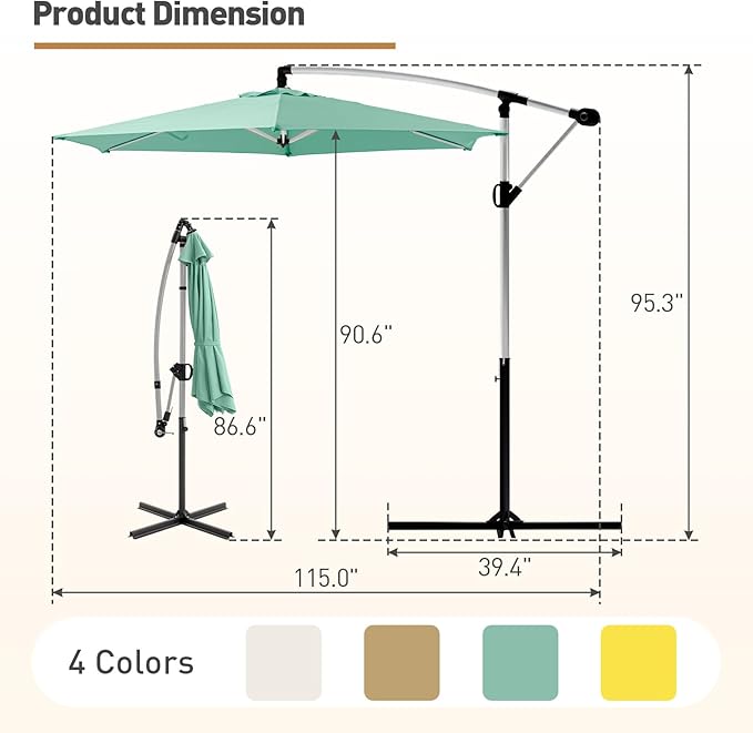 COSIEST Offset Patio Umbrella, Cantilever Hanging Outdoor Umbrella w/360-degree Rotation, Handy Crank, UV/Waterproof Canopy, 6 Ribs for Market, Backyard, Poolside, Garden