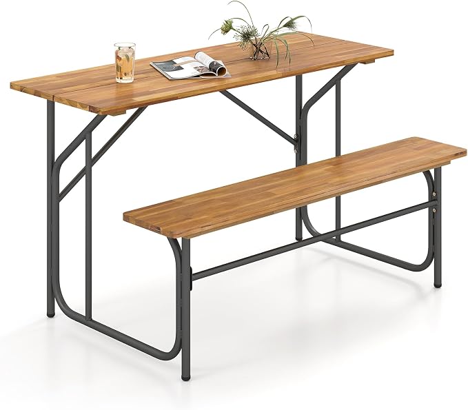 Tangkula Patio Dining Bench Set for 2, Heavy-Duty Outdoor Acacia Wood Dining Furniture with Metal Legs for Balcony, Backyard, Poolside, Garden (1,52” x 32” x 29.5”)