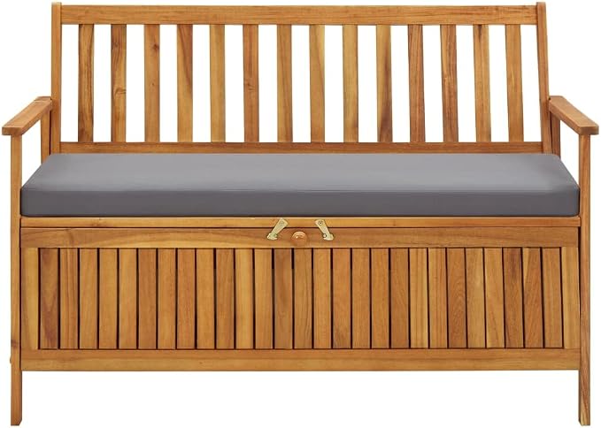 Patio Storage Bench with Gray Cushion, Outdoor Wooden Deck Box, Solid Wood Patio Furniture for Outdoor Cushions, Pool Storage and Garden Tools, 47.2"x24.8"x33.1", -329