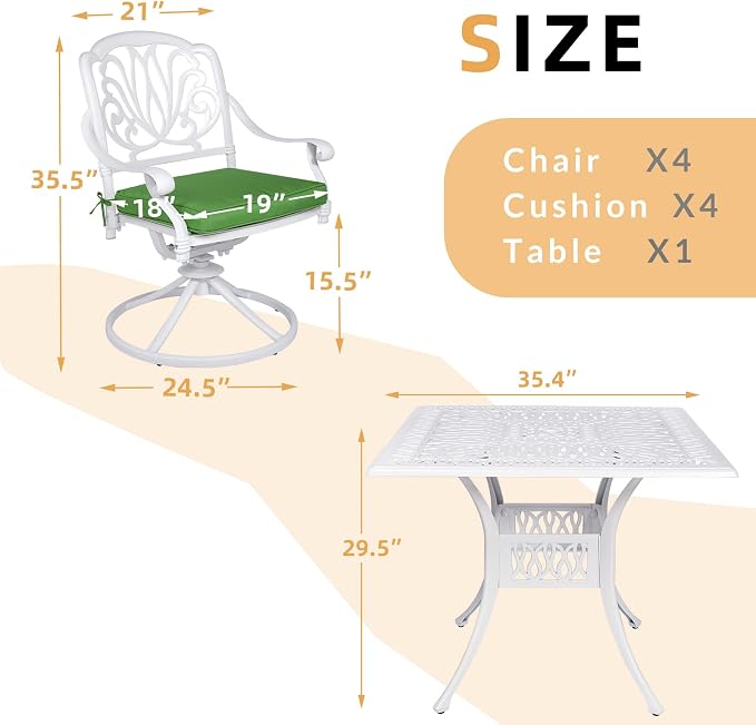 5 Piece Patio Dining Set, Outdoor Table and Chairs Set for 4 Cushioned Swivel Rocking Chairs and 35.4'' Square Table, All-Weather Cast Aluminum Patio Funiture Set, 2.2'' Umbrella Hole, White