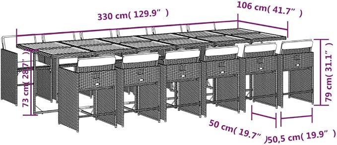 13 Piece Patio Dining Set with Cushions Gray Poly Rattan Outdoor Furniture Table and 12 Chairs for Garden Backyard Deck Entertaining Space Saving Foldable
