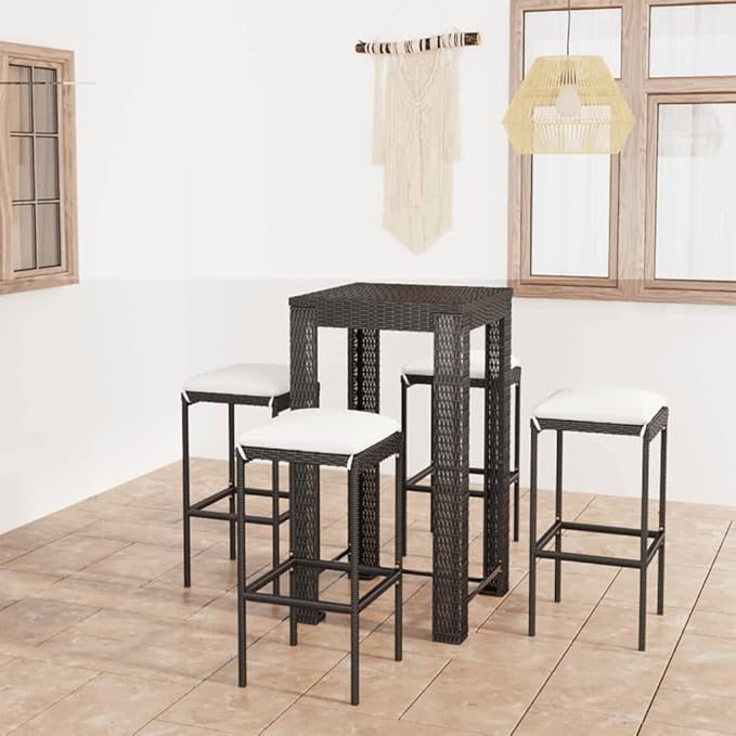 5 Piece Patio Bar Set with Cushions,Garden Table and Chairs Sets,Garden Conversation Sets, Outdoor Patio Furniture,for Patio,Backyard,Garden,Poly Rattan Black