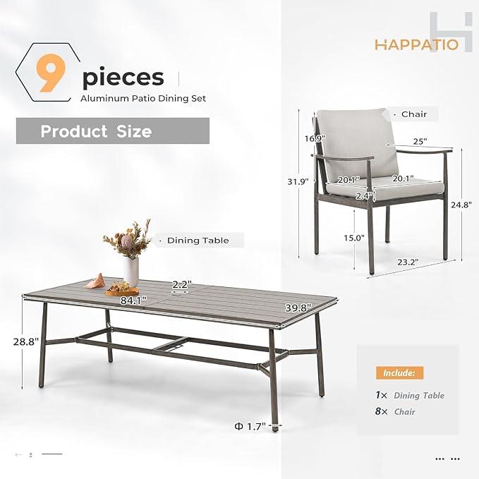 HAPPATIO 9-Piece Patio Table and Chairs Set for 8, Aluminum Outdoor Dining Set with Cushions, 8 Dining Chairs, 1 Large Rectangular Table with Umbrella Hole for Lawn, Porch, Backyard, Grey