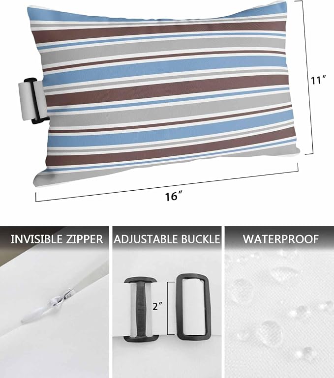 Pack of 2 Outdoor Lumbar Pillow Covers 11x16 Inch, Blue Brown Striped Waterproof Throw Pillow Covers Set, Farmhouse Stripes Modern Abstract Art Outside Decorative Cushion Cases for Patio Porch Car