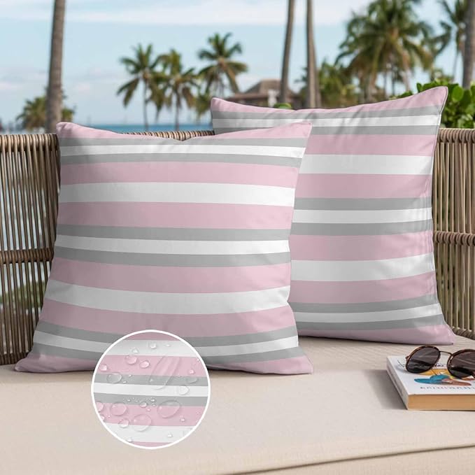 Throw Pillow Covers 26x26 Inch Set of 2, Pink Grey Stripe Waterproof Outdoor Pillow Covers, Minimalist Farmhouse Striped Decorative Cushion Pillowcases for Couch, Sofa, Bed, Garden, Patio