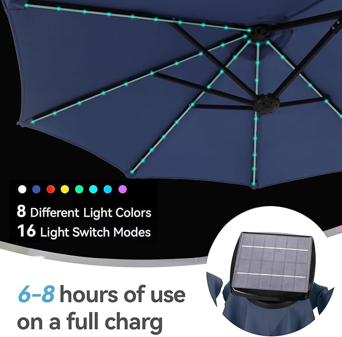 GREEN PARTY 13ft Outdoor Patio Umbrella with Solar Lights, 120 LED 12-Mode Large Double Sided Rectangular Table Umbrella, Heavy Duty Triple-Head Shade for Backyard Deck & Poolside, Navy Blue(No Base)