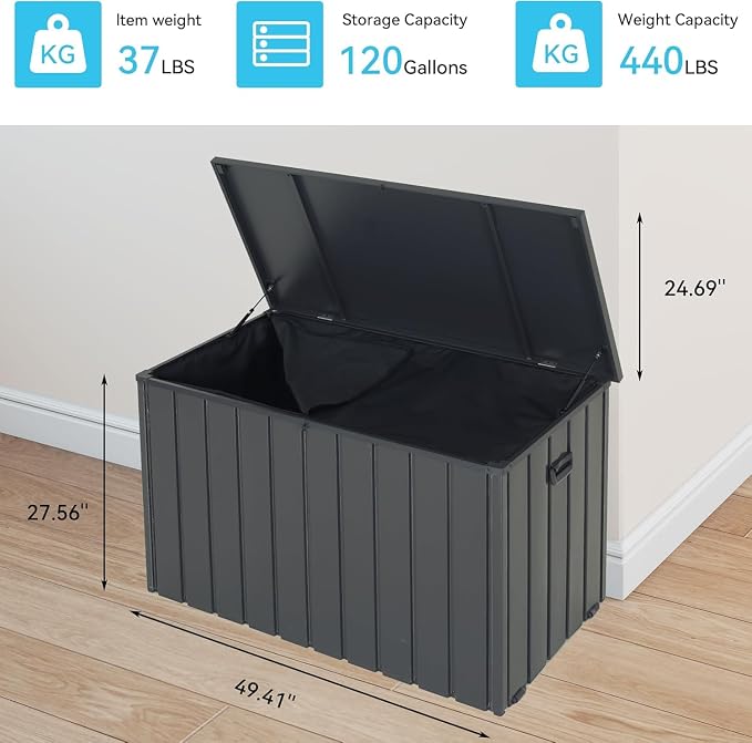 Outdoor Storage Box, 120 Gallon Metal Deck Box Built-in a Oxford Fabric Storage Bag, Lockable & Waterproof Outside Patio Storage Box - Gray