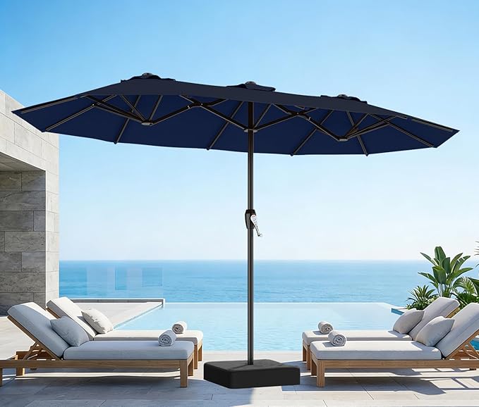 AreShark 15ft Patio Umbrella with Base, Double Sided Outdoor Umbrella with 12 Fiberglass Ribs, Large Outdoor Umbrella for Garden, Pool, Deck, Backyard & Market,Navy Blue