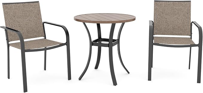 Anmutig Outdoor Bistro Set for 2, Stackable Chairs & Metal Table, Beige | Weather-Resistant Textilene, Black Powder-Coated Steel Frame, Storage Shelf, Easy Assembly, Balcony, Deck, Poolside Use