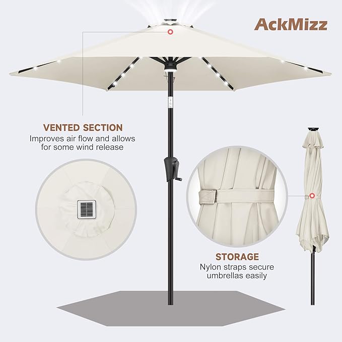 10FT Solar Patio Umbrella - Outdoor Umbrella with Centre Surround Light 24 LED Lights, Market Table Umbrella with Tilt for Pool, Porch, Garden, Deck, Backyard UV Protection (Ivory)