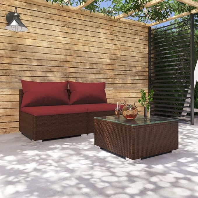 3 Piece Patio Lounge Set with Cushion, Furniture Conversation Sets Patio Lounge Set Piece Patio Set Outdoor Patio Sectional s Poly Rattan Brown