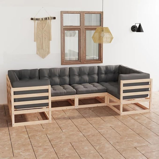 6 Piece Patio Lounge Set with Cushions, Patio Conversation Set Front Porch Furniture Outdoor Sofa Sets Outdoor Dining Sets for Piazza Exhibition Poolside Garden Solid Pinewood