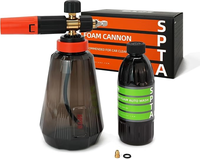 SPTA Foam Cannon (Thicker Snow Foam Technology) with 1/4 Inch Quick Connector for Pressure Washer (Wide Mouth), 34 Oz Bottle (1/4" Quick Connector) with Adjustable Thick Foam+16Oz Car Wash Soap