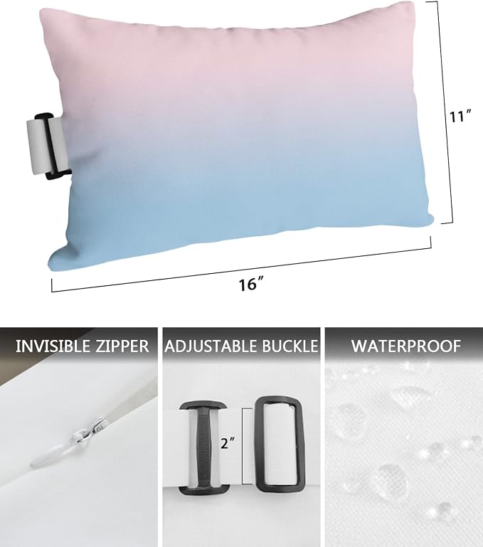 Outdoor Pillows Covers with Inserts Minimalist Pink and Blue Gradient Waterproof Recliner Pillow with Adjustable Strap Throw Pillows for Patio Furniture Pool Lounge Chair, 11x16 inch, 1PCS