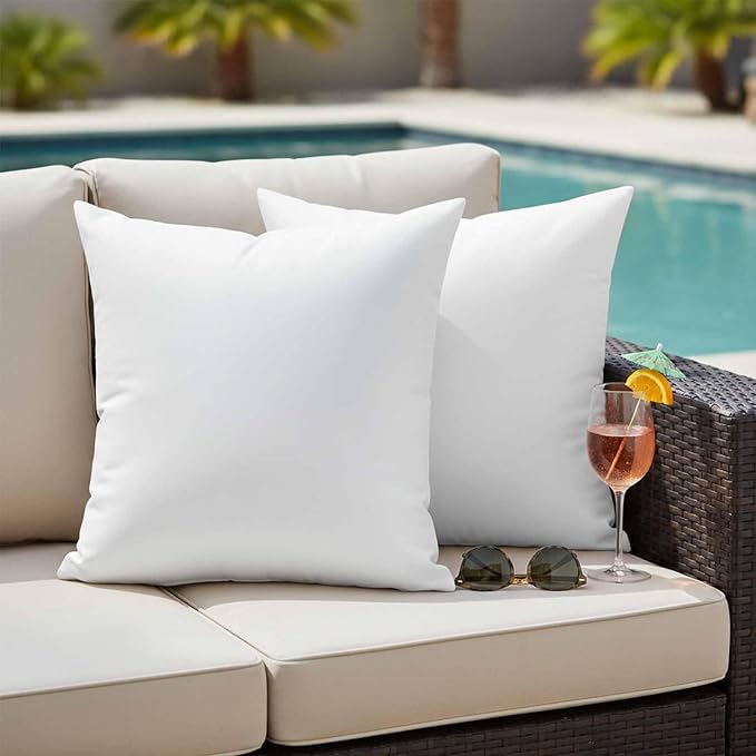 White Waterproof Outdoor Pillow Covers 16''x16'' Set of 2, Modern Simple Patio Furniture White Cushion Covers for Chairs, Decorative Solid Color Pillow Cases for Garden/Pool/Beach