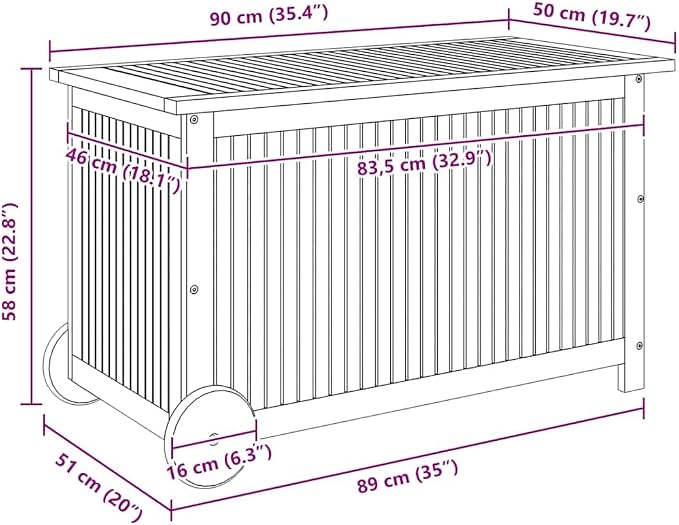 Patio Storage Box with Wheels Solid Wood Acacia 35.4"x19.7"x22.8" Outdoor Deck Cushion Container Chest Weather Resistant Lockable Pool Toy Organizer