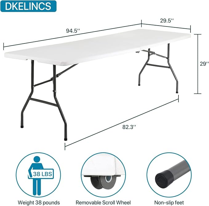 Dkeli 8 ft Folding Table | Portable Picnic Table | Folding Camping Table Heavy Duty for Outdoor Indoor Camping, Picnic and Party | Fold in Half with Handle and Sturdy Steel Frame - White
