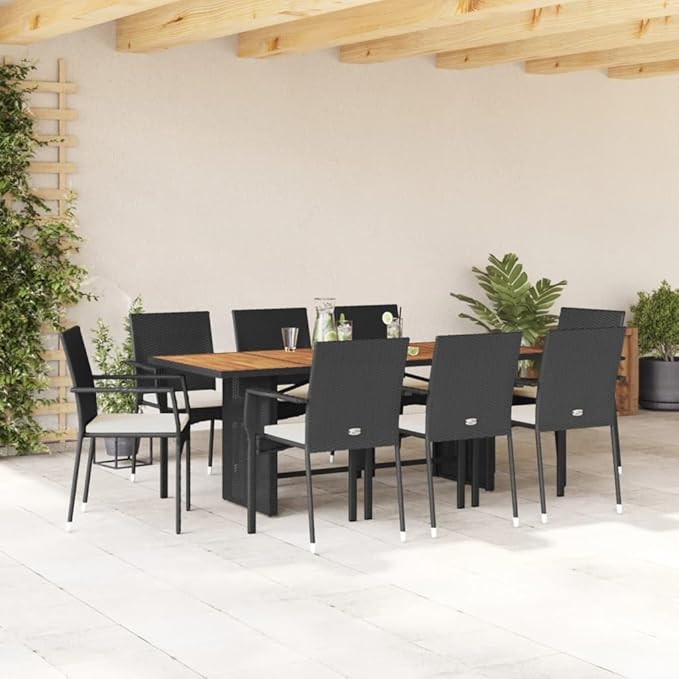 Backyard Furniture Patio Conversation Sets Outdoor Seating 9 Piece Patio Dining Set with Cushions Black Poly Rattan Suitable for Gardens, Balconies, Decks