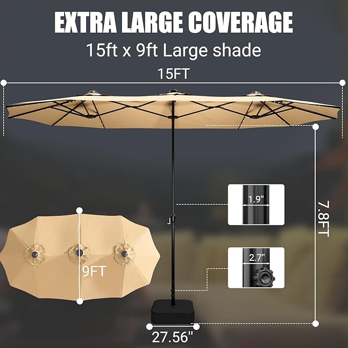 CHABATREE 14FT Large Patio Patio Umbrella with Base & Solar LED Lights - Double-Sided,Kahaki