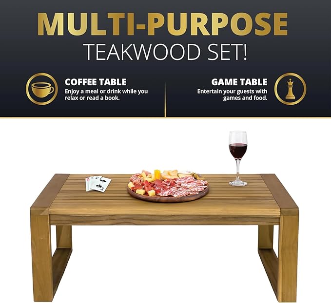 4-Piece Deep Seating Teak Wood Patio Furniture Set, Teak Wood Outdoor Conversation Sofa Set with Cushioned Loveseat, Armchairs and Coffee Table for Garden, Deck, Backyard
