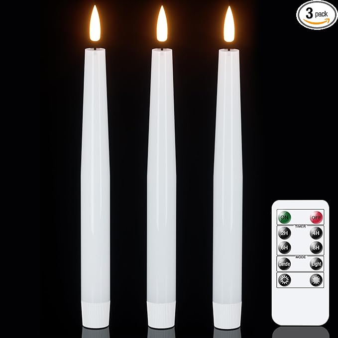 GenSwin Flameless Taper Candles with Remote, White LED Taper Candles Battery Operated, Real Wax Flameless Candlesticks with 3D Wick for Home Party Decor(Set of 3, 0.78” x 9.84”)