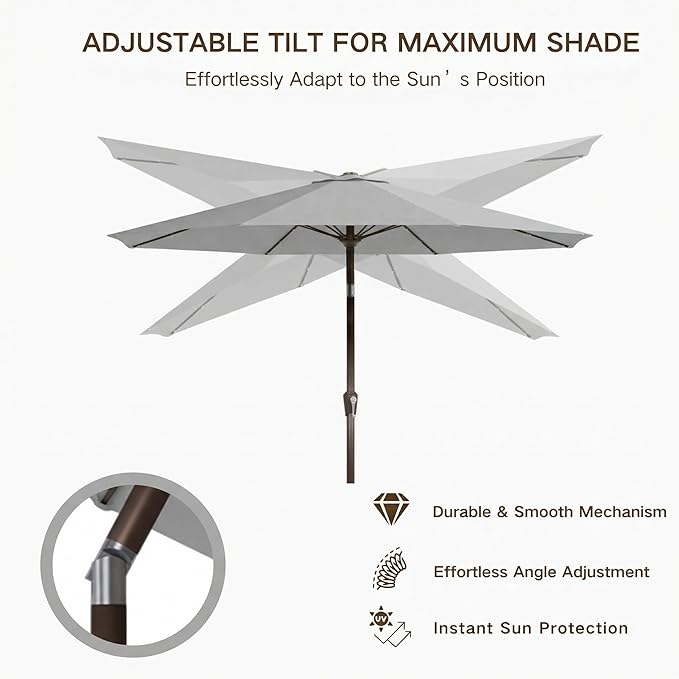 Kingdura 9FT Outdoor Patio Umbrella with Solar Lights, Market Table Umbrella with Push Button Tilt & Crank, 8 Sturdy Ribs, 32 LED Lights, UV Protection for Garden Lawn Deck Backyard Pool (Light grey)