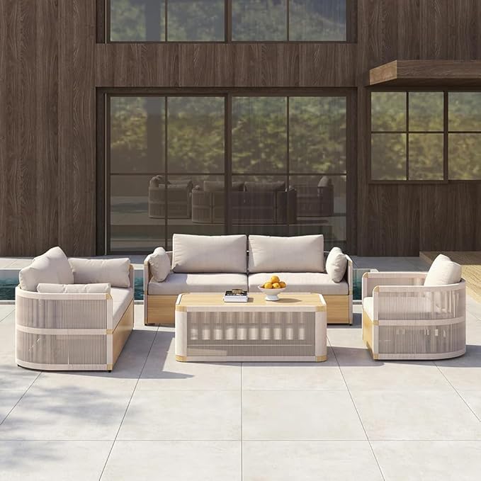 homary 4-Pieces Outdoor Sectional Sofa Sets, Modern Aluminum & Rope Outdoor Swivel Sofa Patio Furniture Set Patio Conversation Sets with Coffee Table for 6, Suitable for Gardens, Patios and Balconies