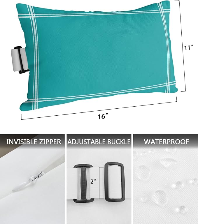 Outdoor Pillows Covers with Inserts Solid Color Turquoise Waterproof Recliner Pillow with Adjustable Strap Throw Pillows for Patio Furniture Pool Lounge Chair, 11x16 inch, 1PCS