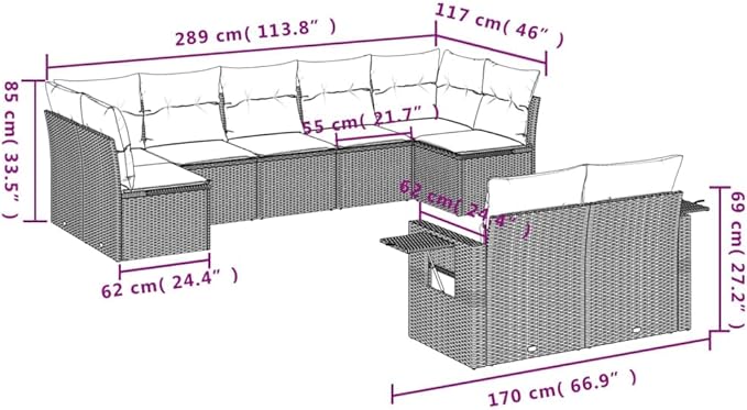 9 Piece Patio Sofa Set with Cushions, Patio Conversation Set Outdoor Dining Sets Garden Lounge Set Front Porch Furniture for Piazza Poolside Exhibition Garden Black Poly Rattan