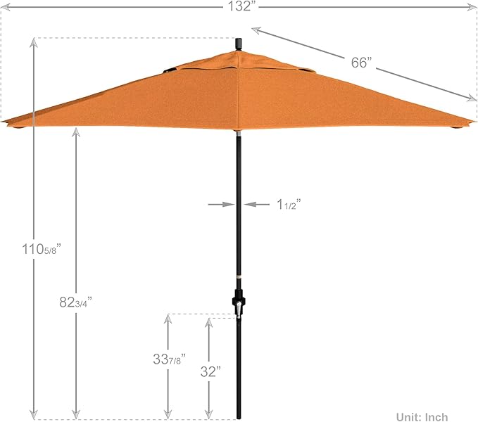 California Umbrella 11Ft Premium Sunbrella Patio Umbrella, Hand-Crank, Tilt-Collar, Black Frame, Tuscan Fabric