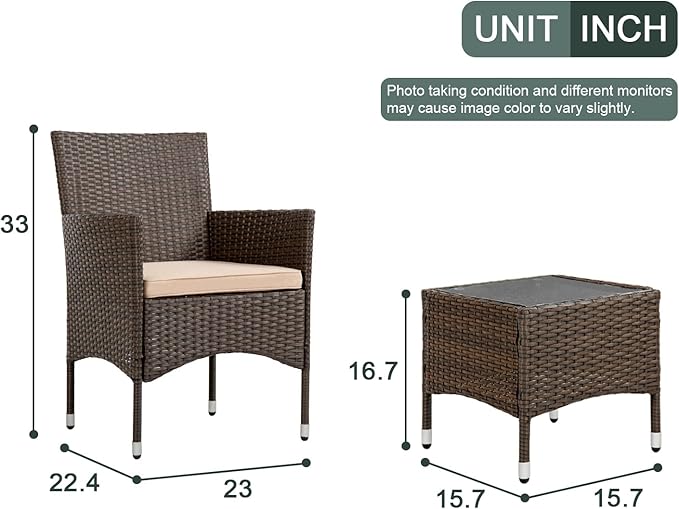 Outdoor Patio Furniture Set，3 Pieces Wicker Bistro Set Outdoor Patio Set Rattan Chair Conversation Sets Patio Sofa Wicker Table Set for Yard Backyard Lawn Porch Poolside Balcony (Khaki)