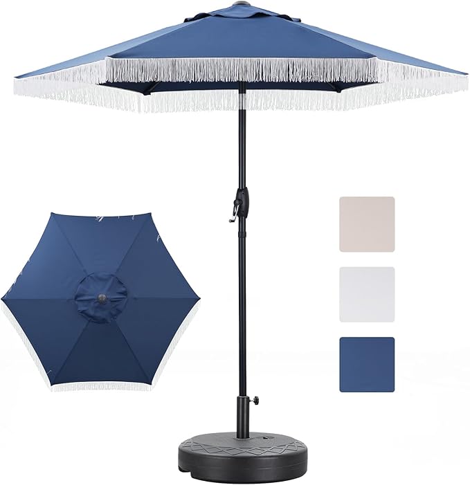 GDY 7.5 ft Tassel Patio Umbrella, Fringe with Umbrella Base - Stylish Beach, Pool, and Yard Umbrella for Ultimate Outdoor Decor, Navy Blue
