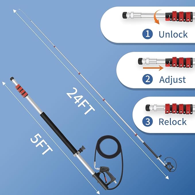 LidoDola 24FT Telescoping Pressure Washer Wand Kit - Extension Pole, Gutter Cleaner, Brush & 5 Nozzles for Roof, Deck, Vehicle, Sidings