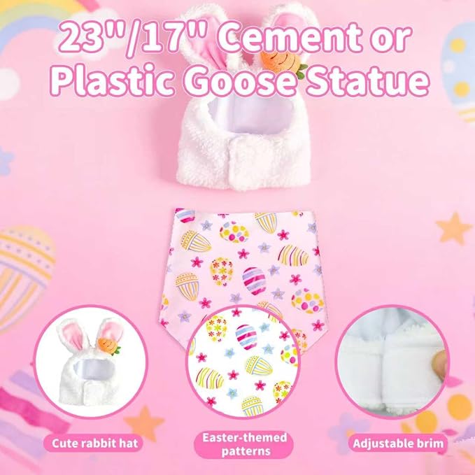 Easter Bunny Outfit for Porch Goose - Spring Costume with Adjustable Hat & Colorful Scarf, Cute Easter Basket Stuffers for 23" or 17" Lawn Statue Decor