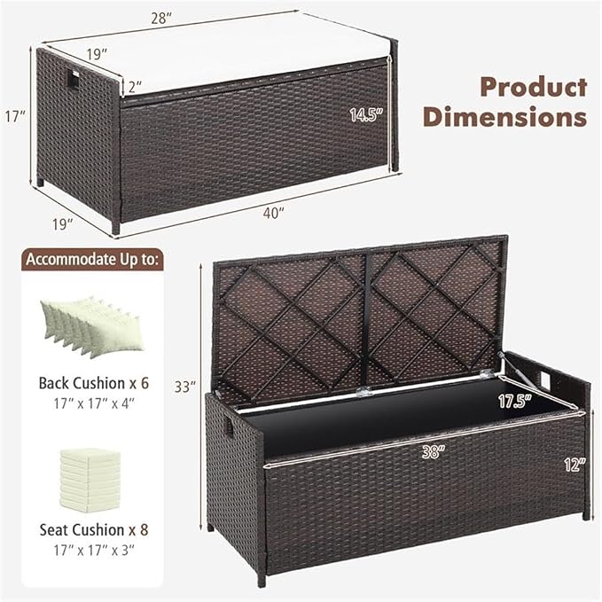 Pemberly Row 34 Gallon Patio Wicker Storage Deck Box, Hand-Woven PE Rattan Finish, Off Brown Color, Water-Resistant Lining, Gas Strut Lid, Cushion Seating, Multi-Functional for Outdoor Use