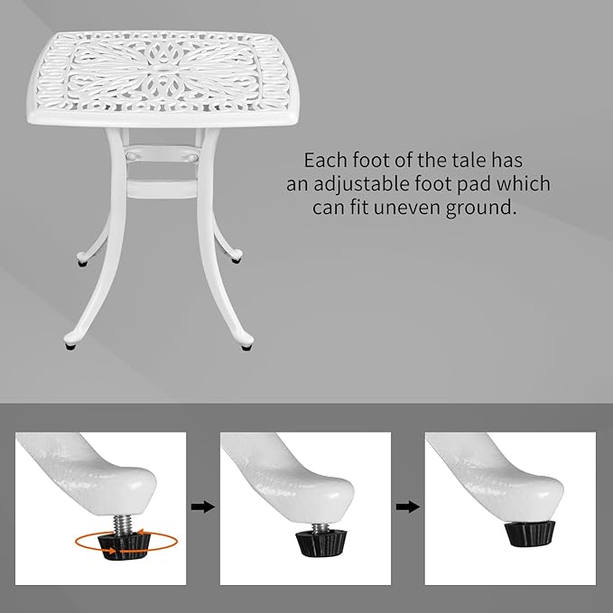 Bonnlo 21 Inch Cast Aluminum Outdoor Side Table with Umbrella Hole, Anti-Rust Coffee Bistro Table for Outdoor, Patio, Garden, Porch, Balcony End Table (Square, White)