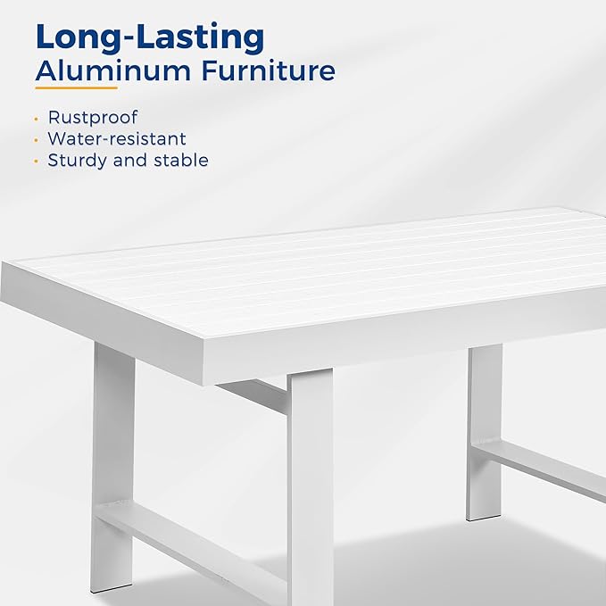 Wisteria Lane Aluminum Outdoor Patio Furniture Dining Table, All-Weather Outdoor Metal Dining Table, Modern Rectangle High Table for Party, for Balcony, Garden, White
