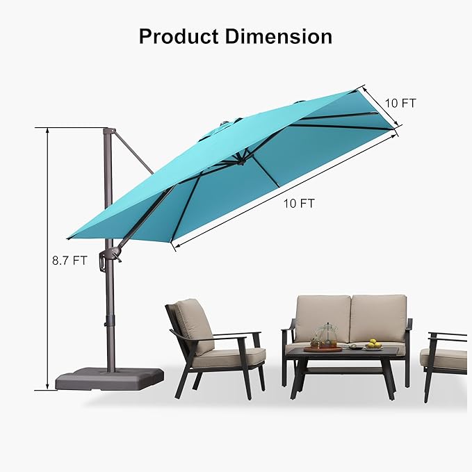 PURPLE LEAF 10' X 10' Patio Cantilever Umbrella Antique Bronze Square Outdoor Umbrella with 360° Rotation and Aluminum Offset Hanging for Garden Backyard Pool, Turquoise
