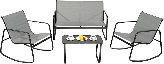 GEONKAI 4 Piece Patio Furniture Set, Olefin Loveseat Outdoor Furniture with 2 Rocking Chairs, Patio Conversation Set with Coffee Table, Breathable & Comfortable for Garden, Poolside, Balcony (Grey)