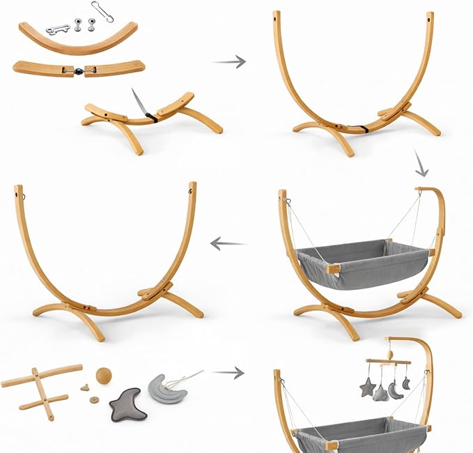 Kids Hammock Bed for Children Ages 3 to 5 Years, 15 to 36 kg Capacity, Comfortable Fabric with Wooden Frame, Portable and Easy to Assemble for Indoor and Outdoor Use (Grey-2)