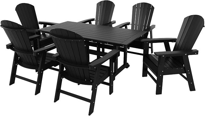 WestinTrends Dylan Adirondack Outdoor Dining Set for 6, All Weather Poly Lumber Patio Table and Chairs Set of 6, 71" Trestle Outdoor Table and Seashell Adirondack Dining Chair, Black