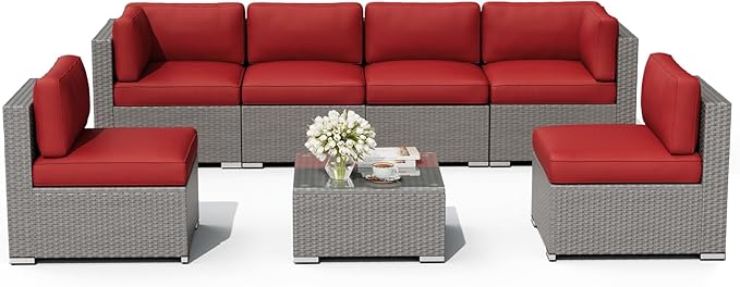Oakcloud 7-Piece Outdoor Patio Furniture Sofa Set Grey Rattan Wicker Sectional Conversation Sets with Glass Top Table and Cushions(Red)