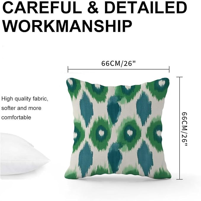Green and Aqua Bukhara Ikat Pillowcase Peacock Strip Print Throw Pillow Cover Classic Modern Decorative Pillow Covers for Patio Furniture Garden 26x26 in