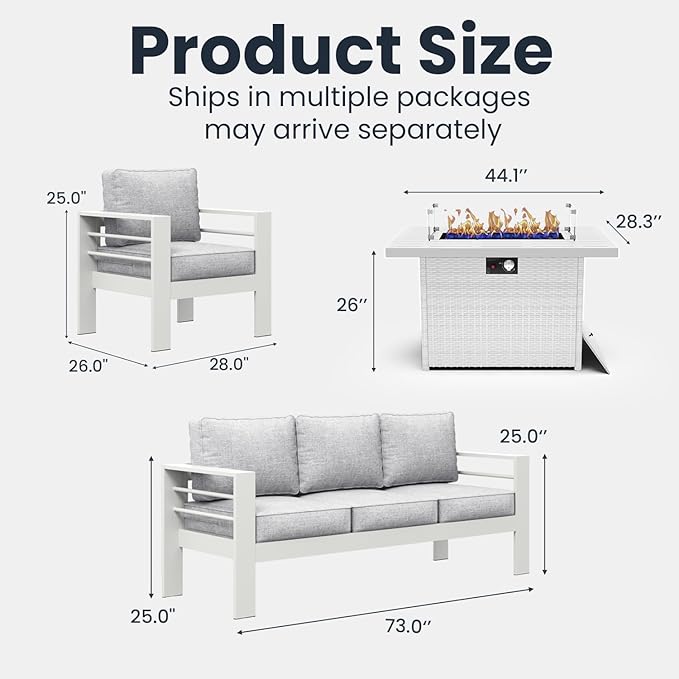 4 Pieces Modern Aluminum Patio Furniture Set with Fire Pit Table, Outdoor Conversation Sets Metal Sectional Sofa