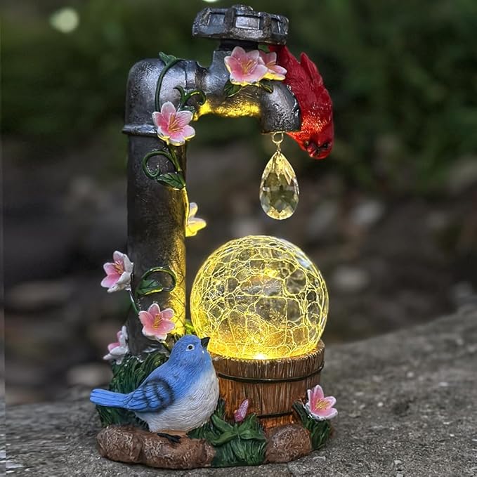 Solar Cardinal Garden Statue Decoration, Water Faucet and Solar Light Glass Ball, Outdoor Resin Garden Statue, Cardinal Gift, Women's Mother's Birthday Gift, Size 9.45 inches