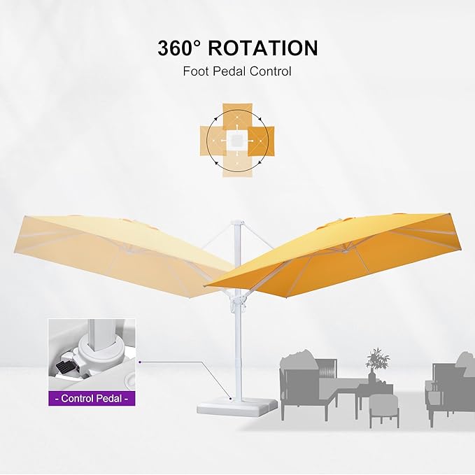 PURPLE LEAF 10 FT Patio Umbrella With Base White Cantilever Umbrella Square Outdoor Offset Umbrella Windproof with 360° Rotation for Garden Deck Pool, Yellow