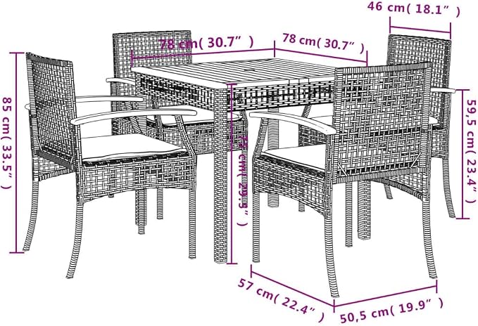 5 Piece Patio Dining Set with Cushions Beige Poly Rattan Outdoor Table and Chairs for Garden Backyard Deck, UV-Proof Wicker Furniture with Solid Acacia Wood Top, Removable Washable Cushion Covers