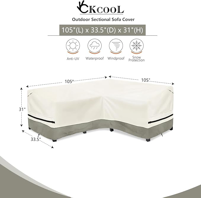 okcool Outdoor Sectional Sofa Cover Waterproof-V-Shaped Patio Furniture Covers for 7-Seater Outdoor Sectional Furniture Couch（105''X105''）,White&Grayish Green