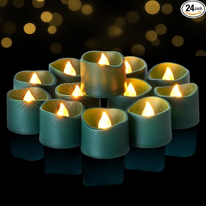 Raycare 24Pcs Green Battery Operated Tea Lights, 200+Hour Electric Flickering Flameless Candles, Realistic Votive LED Tea Lights for St. Patrick's Day Theme Party Halloween Christmas Decorations